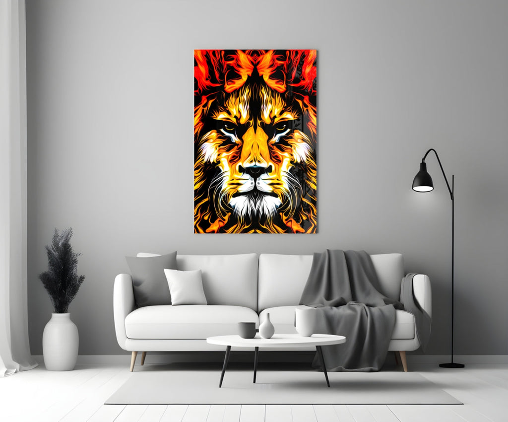 Blazing Fire Lion Portrait Glass Wall Art