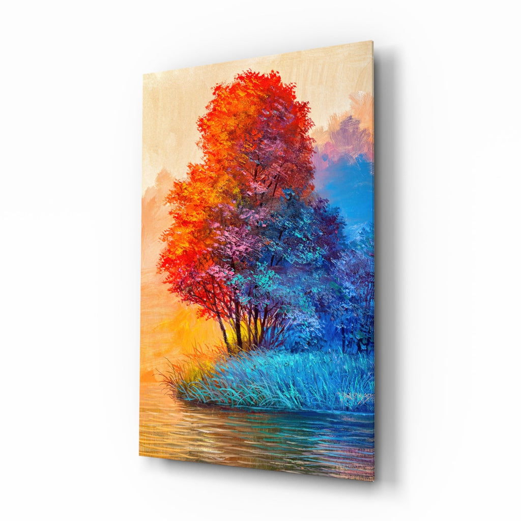 Red Blue Trees Riverside Glass Wall Art