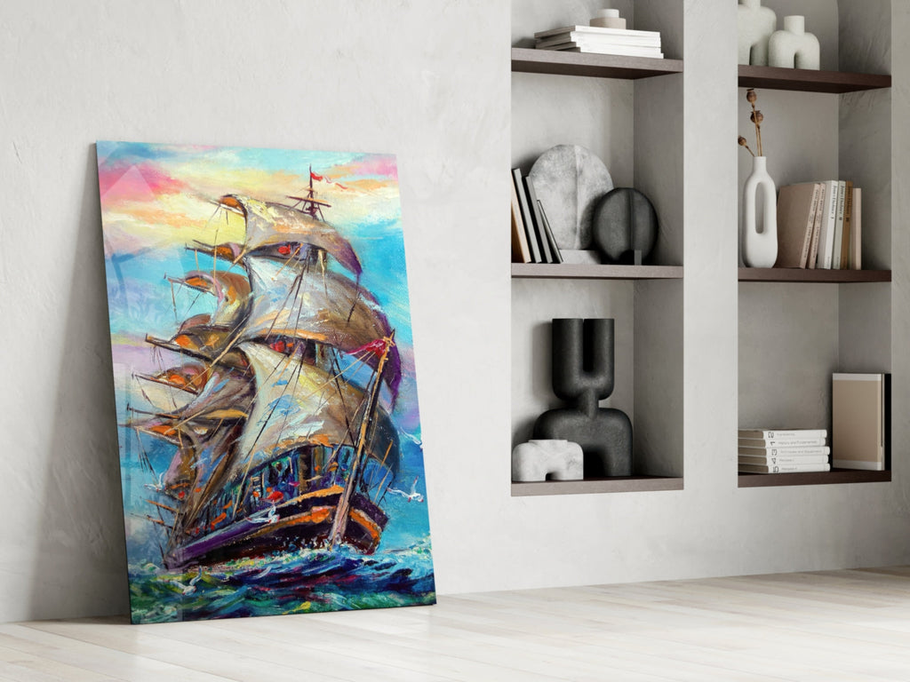 Tall Ship Under Pastel Sky Painting Glass Wall Art