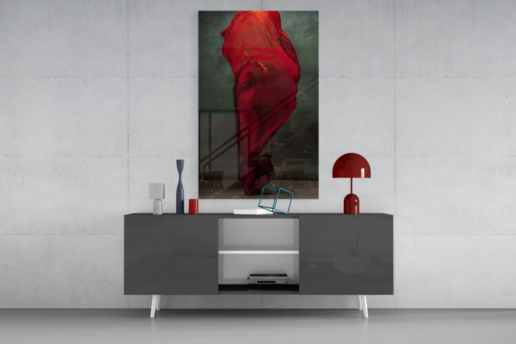 Crimson Silk Veil Dancer Glass Wall Art