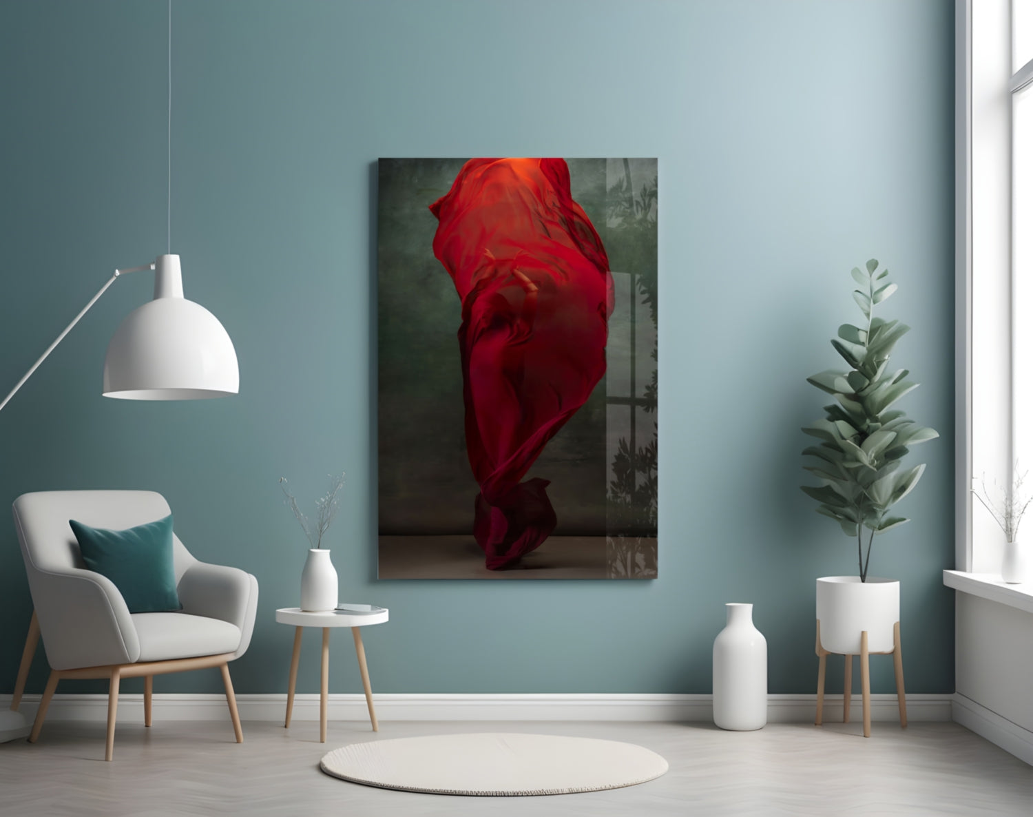 Crimson Silk Veil Dancer Glass Wall Art