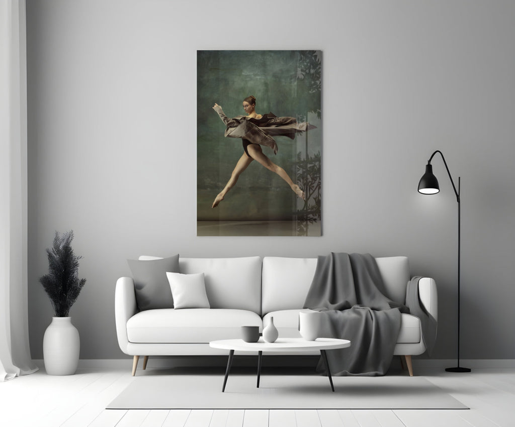 Leaping Ballerina Brown Drape Glass Wall Art