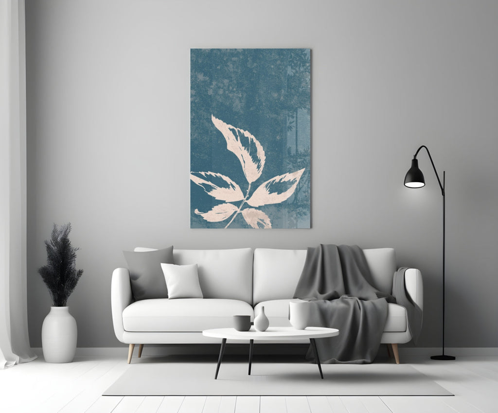 Blue Cyanotype Leaf Silhouette Glass Wall Art