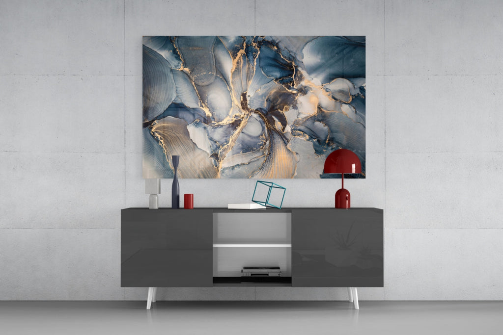 Navy Blue And Gold Veined Marble Glass Wall Art