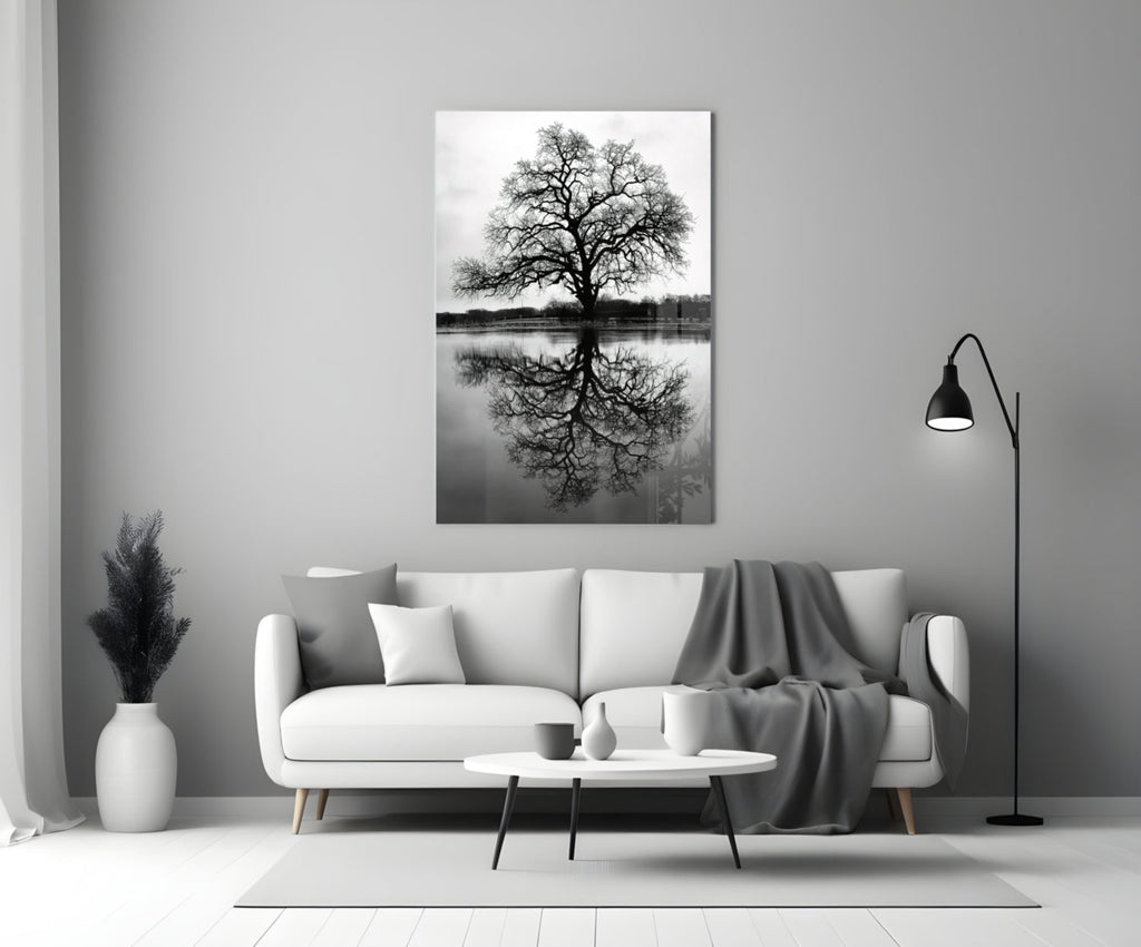 Bare Tree Lake Reflection Black White Glass Wall Art