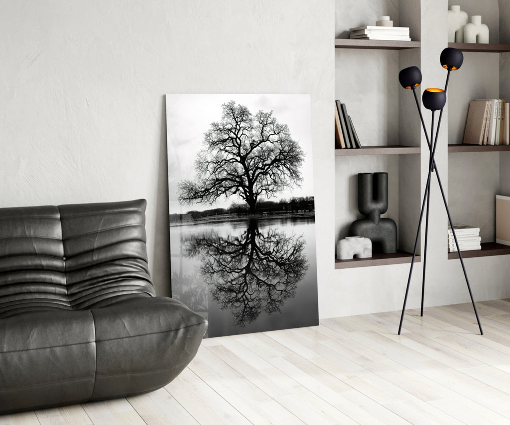 Bare Tree Lake Reflection Black White Glass Wall Art
