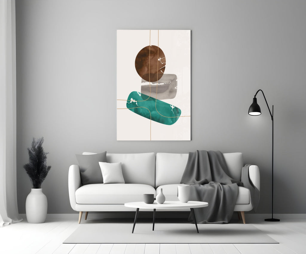 Brown Circle And Teal Capsule Forms Glass Wall Art