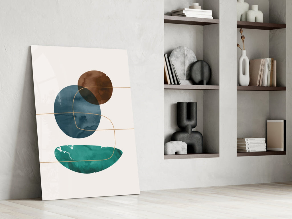 Teal Bowl And Navy Circle Shapes Glass Wall Art
