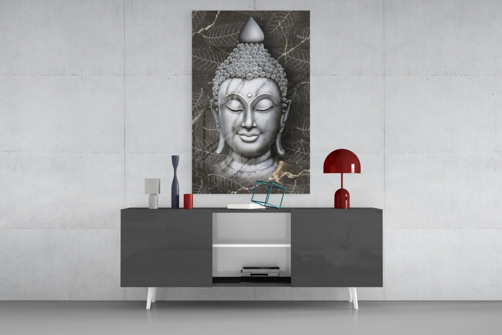 Silver Marble Buddha Head Glass Wall Art