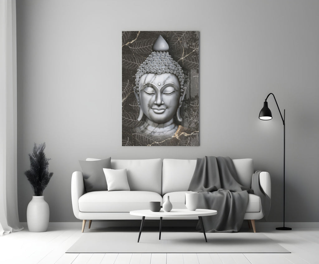 Silver Marble Buddha Head Glass Wall Art