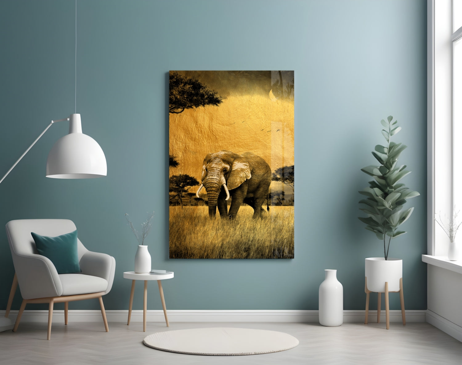 Golden Savanna Acacia Elephant Glass Wall Art