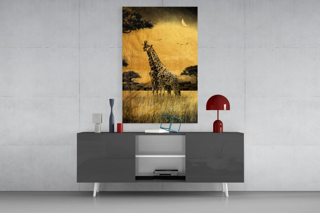 Golden Grassland Acacia Giraffe Pair Glass Wall Art