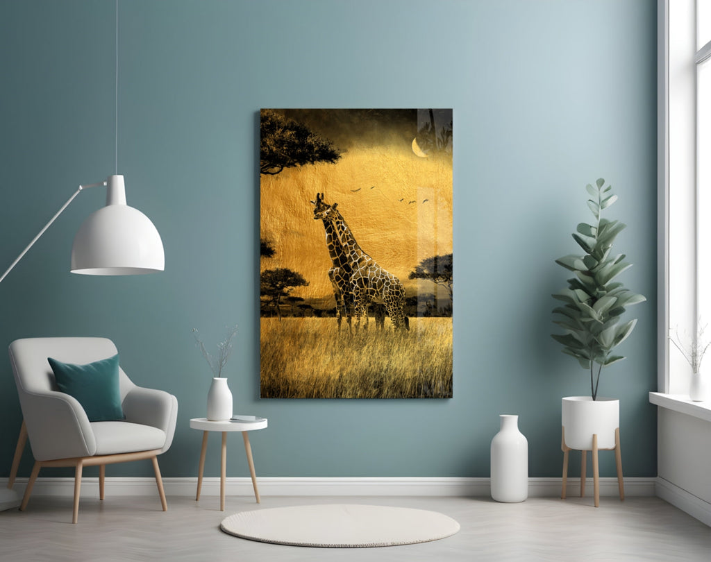 Golden Grassland Acacia Giraffe Pair Glass Wall Art