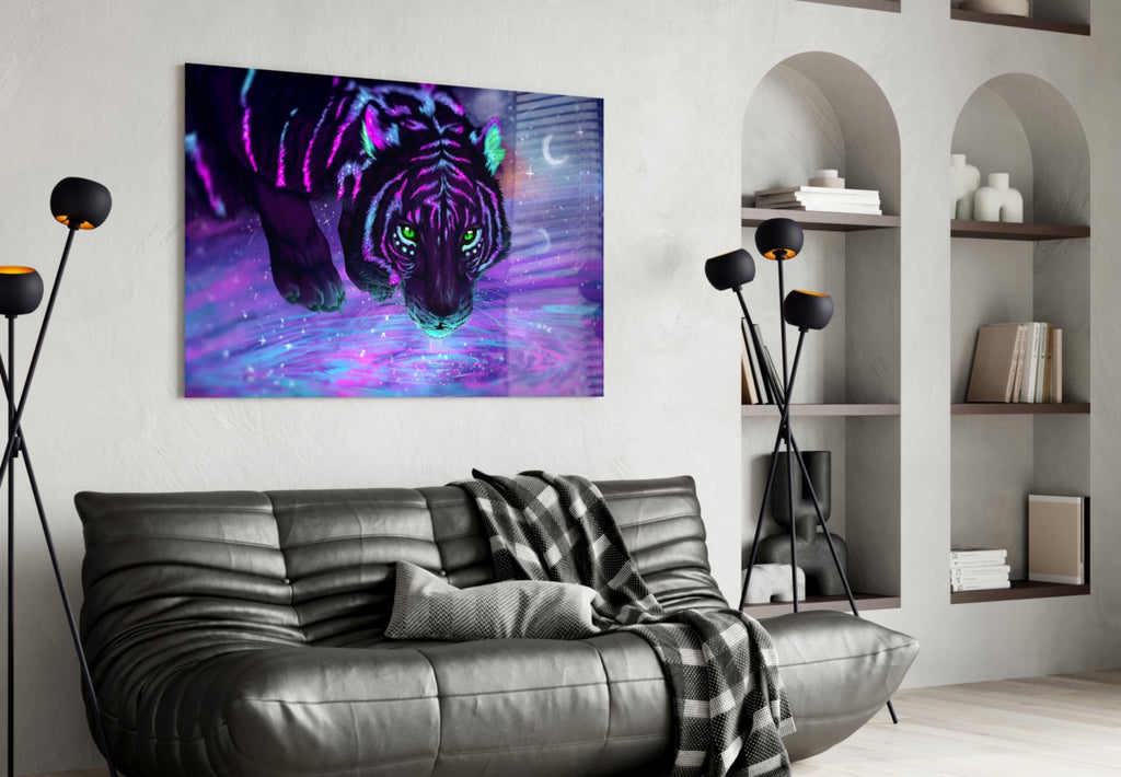 Neon Purple Cosmic Tiger Glass Wall Art