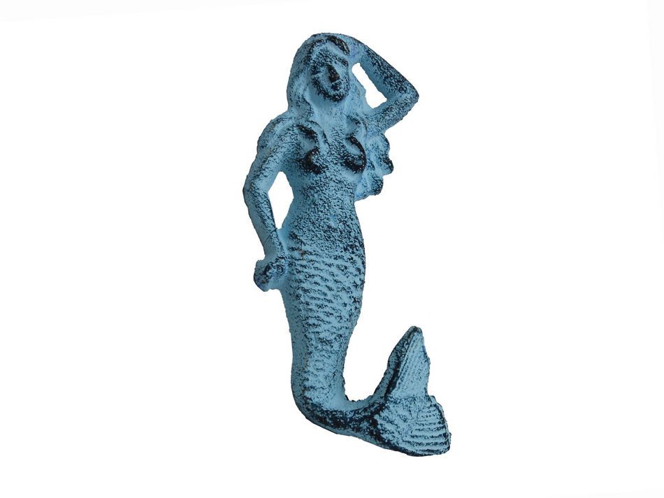 Rustic Dark Blue Whitewashed Cast Iron Mermaid Hook 6""