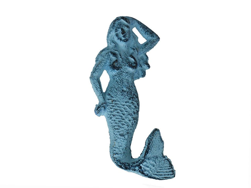 Rustic Dark Blue Whitewashed Cast Iron Mermaid Hook 6""