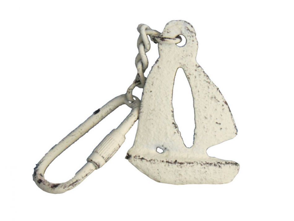 Whitewashed Cast Iron Sailboat Key Chain 5""