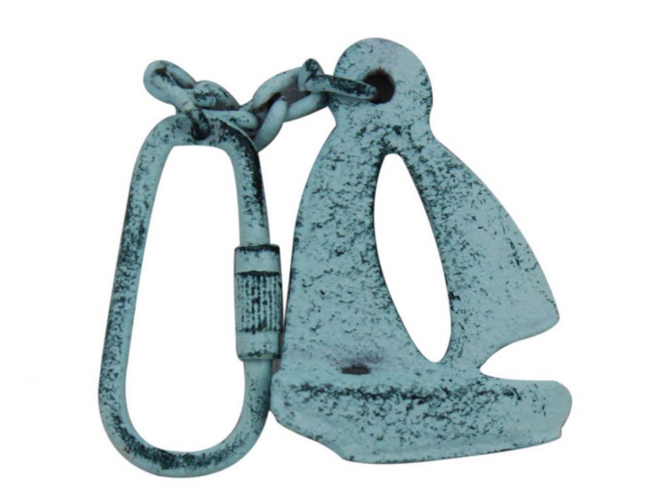 Dark Blue Whitewashed Cast Iron Sailboat Key Chain 5""