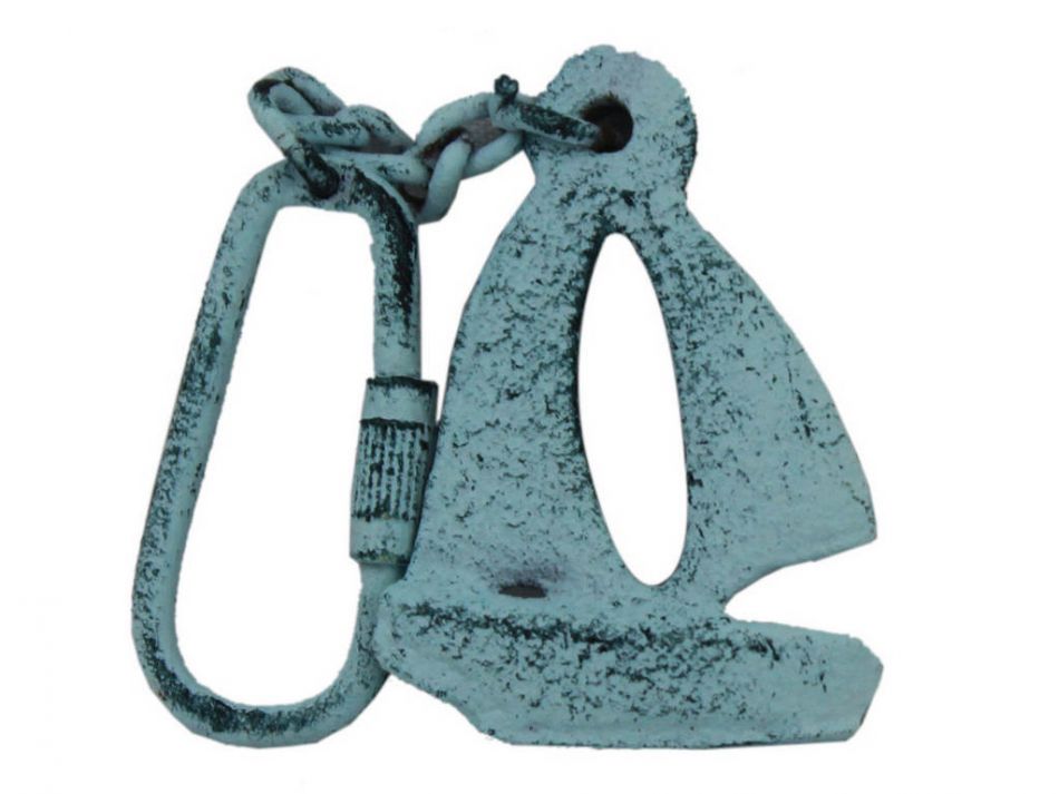 Dark Blue Whitewashed Cast Iron Sailboat Key Chain 5""