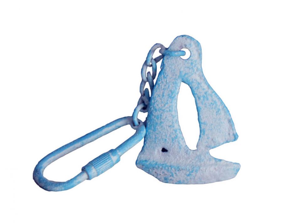 Light Blue Whitewashed Cast Iron Sailboat Key Chain 5""