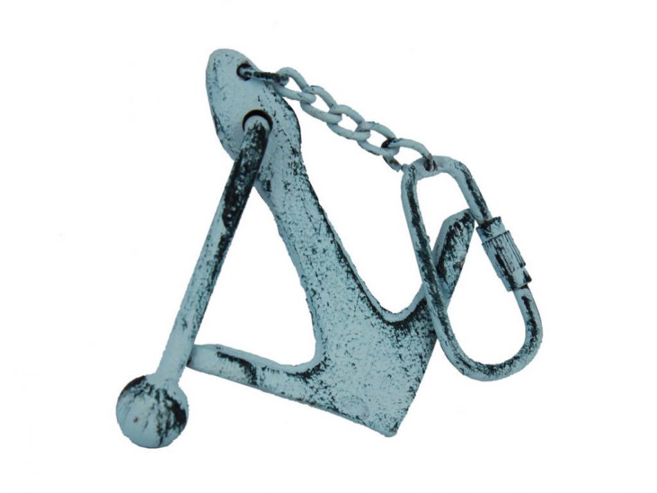 Dark Blue Whitewashed Cast Iron Anchor Key Chain 5""