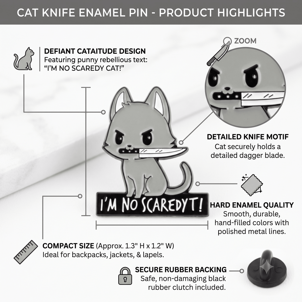 Cat Knife Enamel Pin – Bold Kitty Design for Bags and Jackets