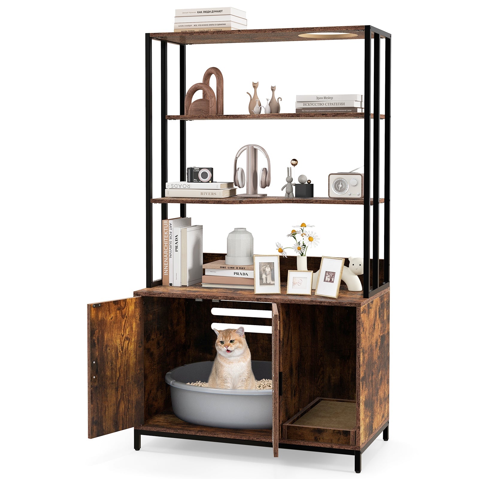 Cat Litter Box Enclosure with Storage and 3-tier Shelves-Rustic Brown
