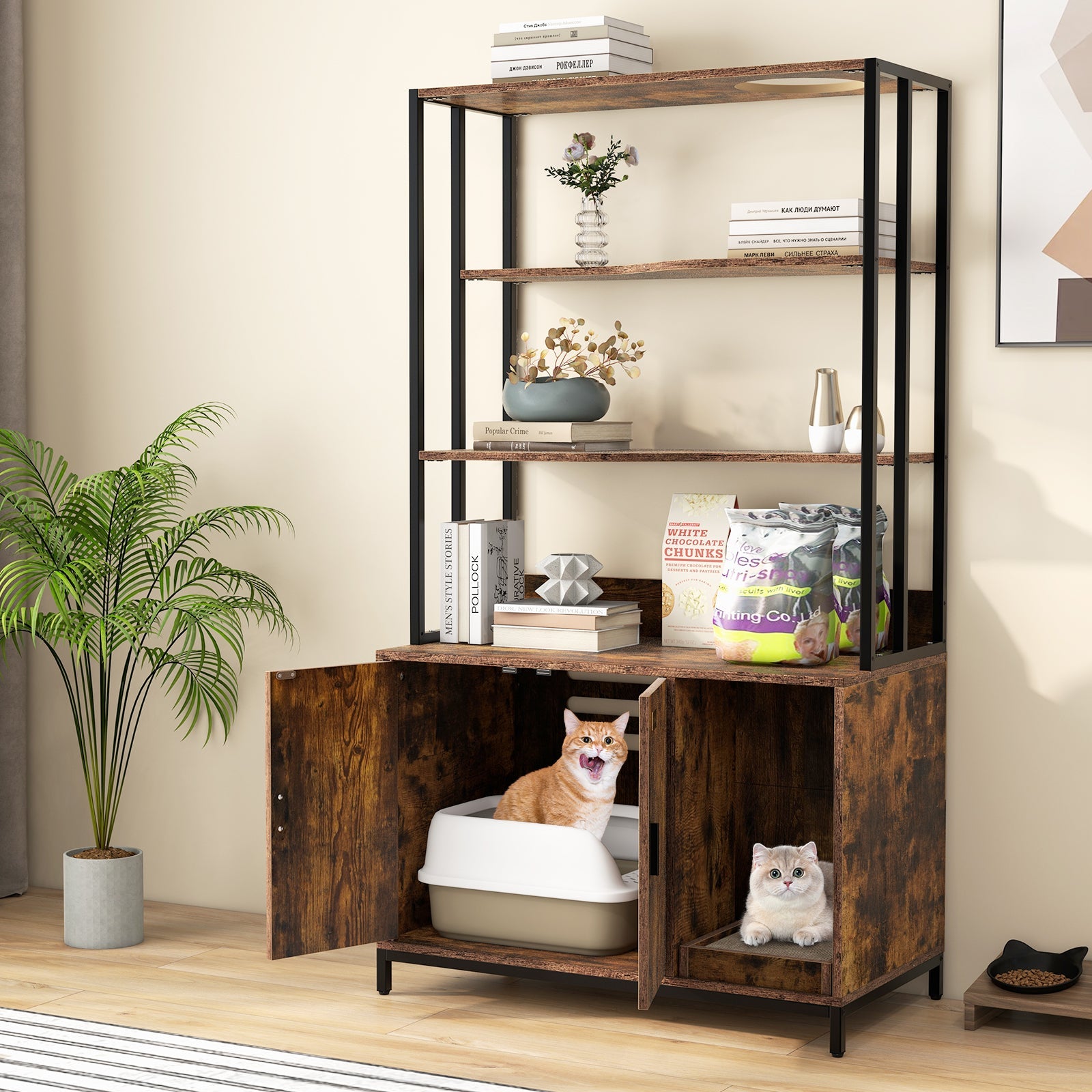 Cat Litter Box Enclosure with Storage and 3-tier Shelves-Rustic Brown