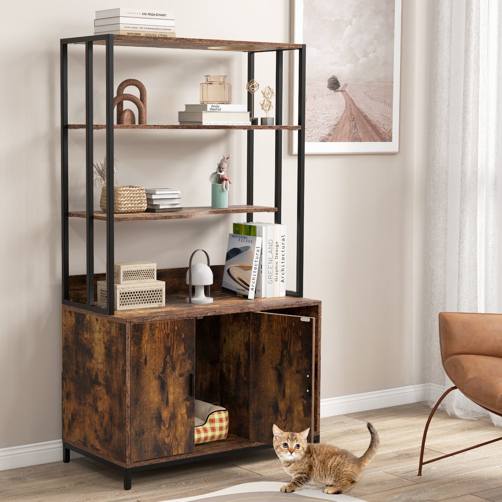 Cat Litter Box Enclosure with Storage and 3-tier Shelves-Rustic Brown