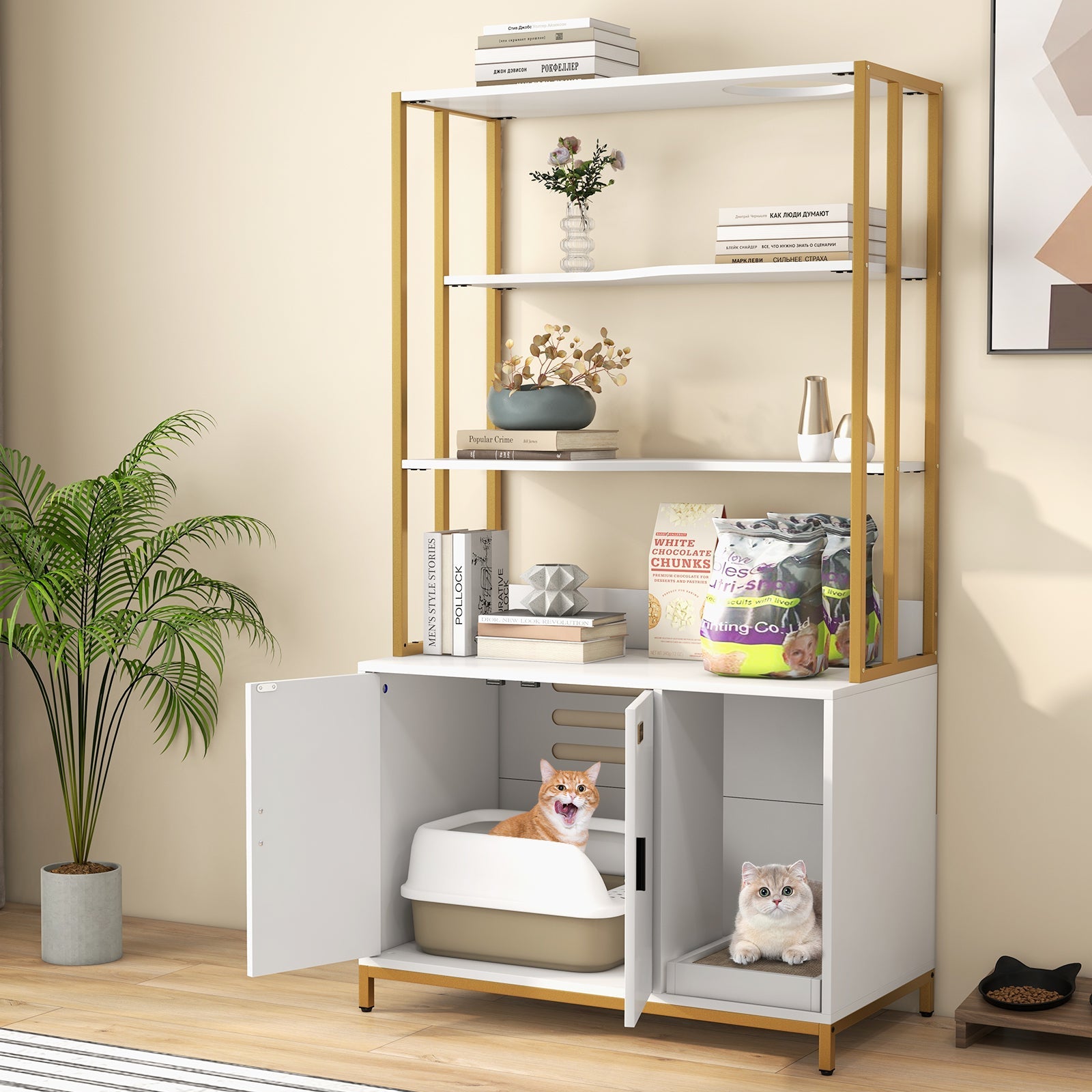 Cat Litter Box Enclosure with Storage and 3-tier Shelves-White