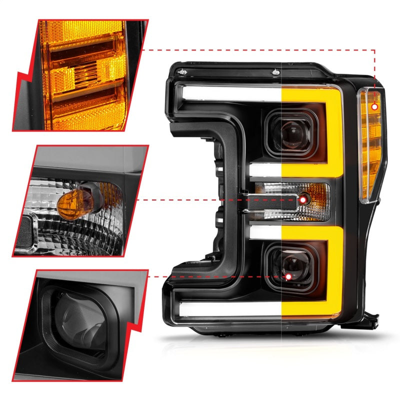 ANZO 17-19 Ford F-250/350/450 SD (w/o Factory LED) LED Proj Headlights w/Light Bar Switchback Blk 111577