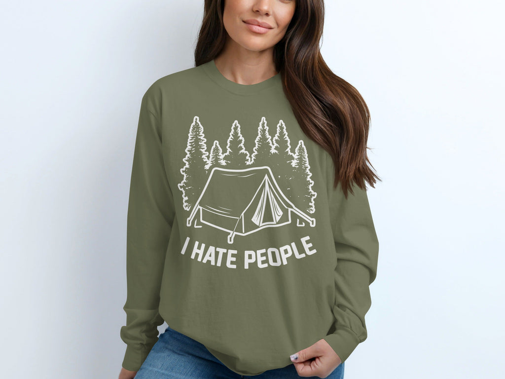 I Hate People Tent In The Forest Illustration Long Sleeve T-Shirt