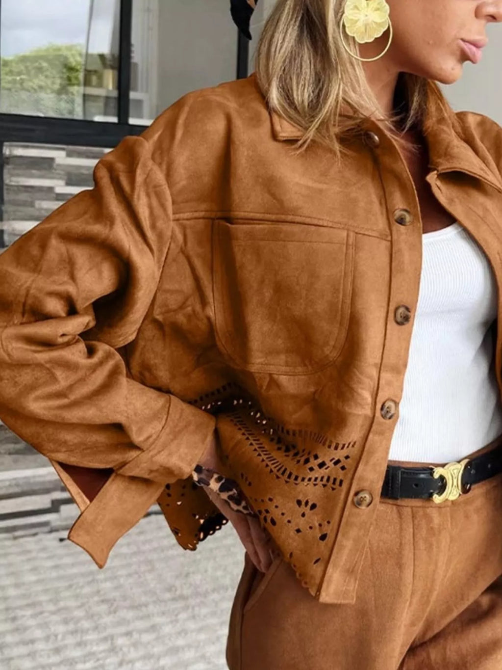 Solid Color Faux Suede Hollowed Detail Retro Style Jacket