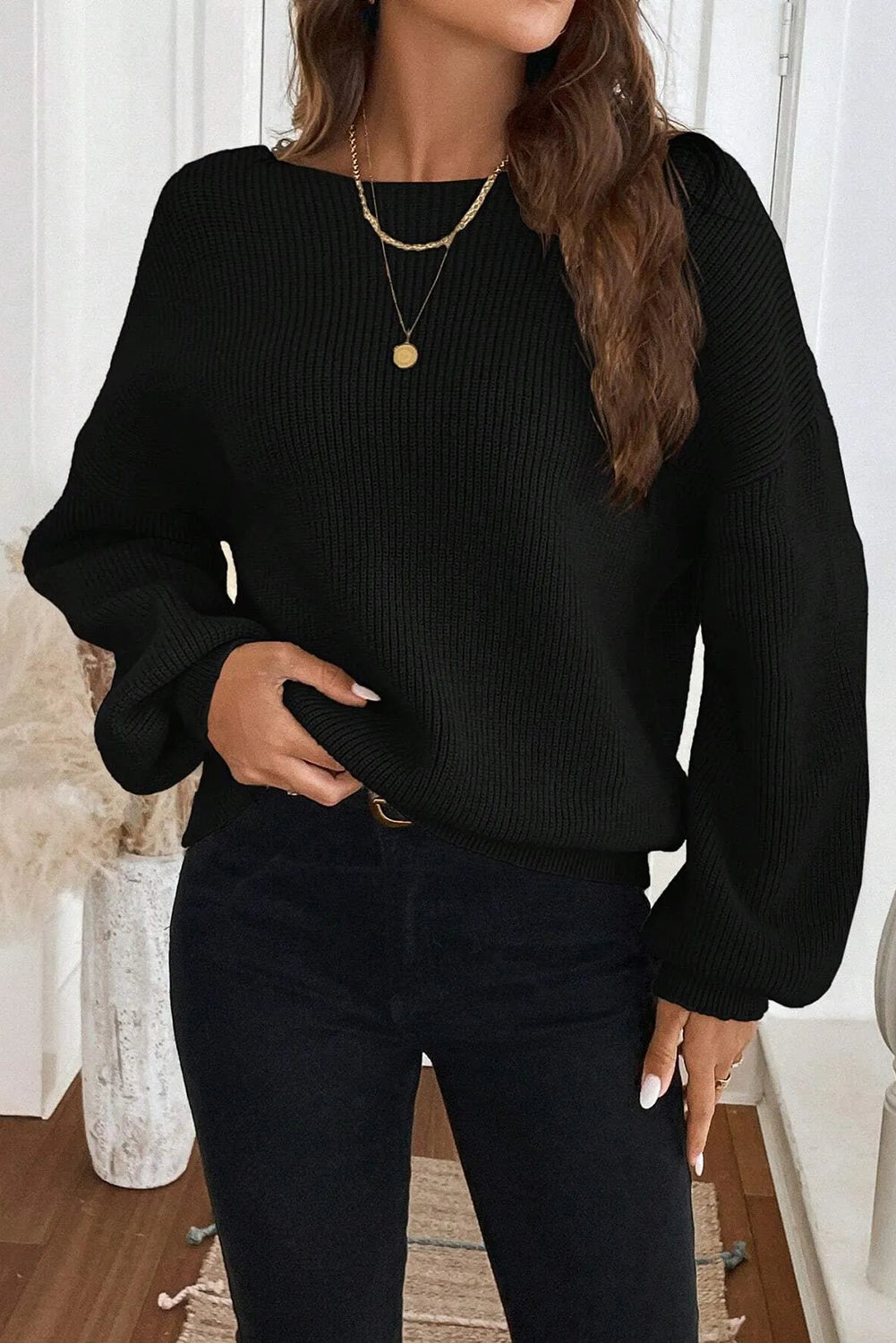 Jet Stream Ribbed Knit Ribbon Knot Backless Drop Shoulder Sweater