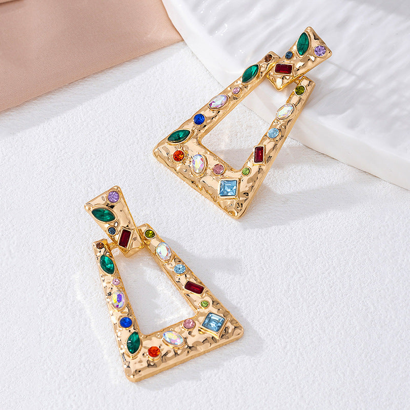 Luxury Exaggerated Geometric Drop Earrings For Women, Vintage High-End Statement Earrings With Multicolor Rhinestones
