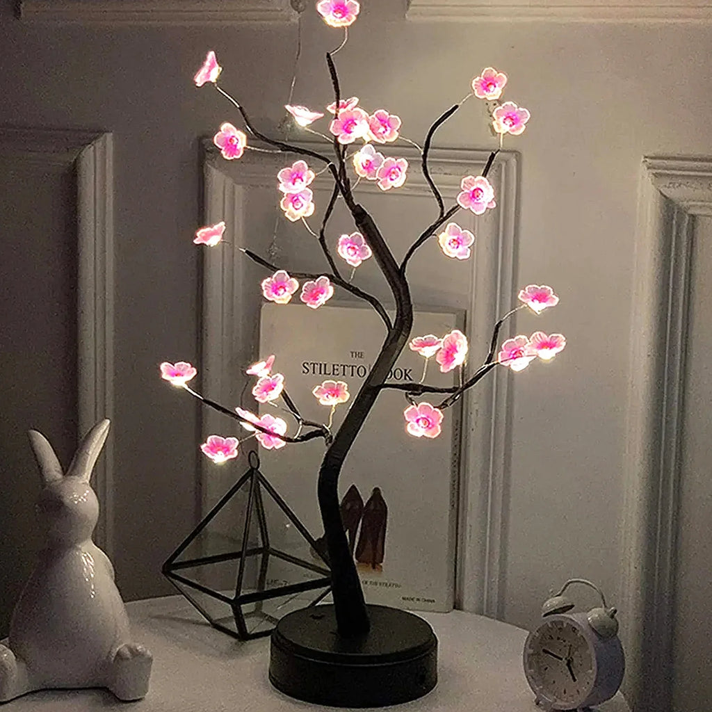 Cherry Blossom Bonsai LED Table Lamp 19.7in (50cm) USB or 3×AA Battery Powered Touch Sensor Night Light Tabletop Decorative Tree - PhishStones Products