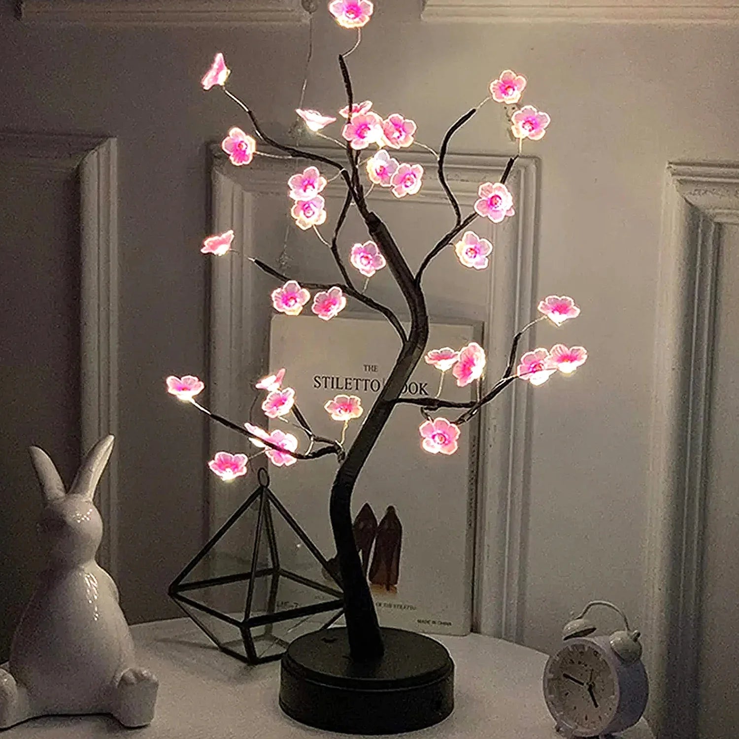 Cherry Blossom Bonsai LED Table Lamp 19.7in (50cm) USB or 3×AA Battery Powered Touch Sensor Night Light Tabletop Decorative Tree - PhishStones Products