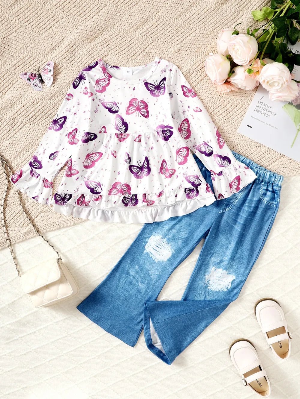 Children's Butterfly Print Top and Flare Pants Set - PhishStones Products