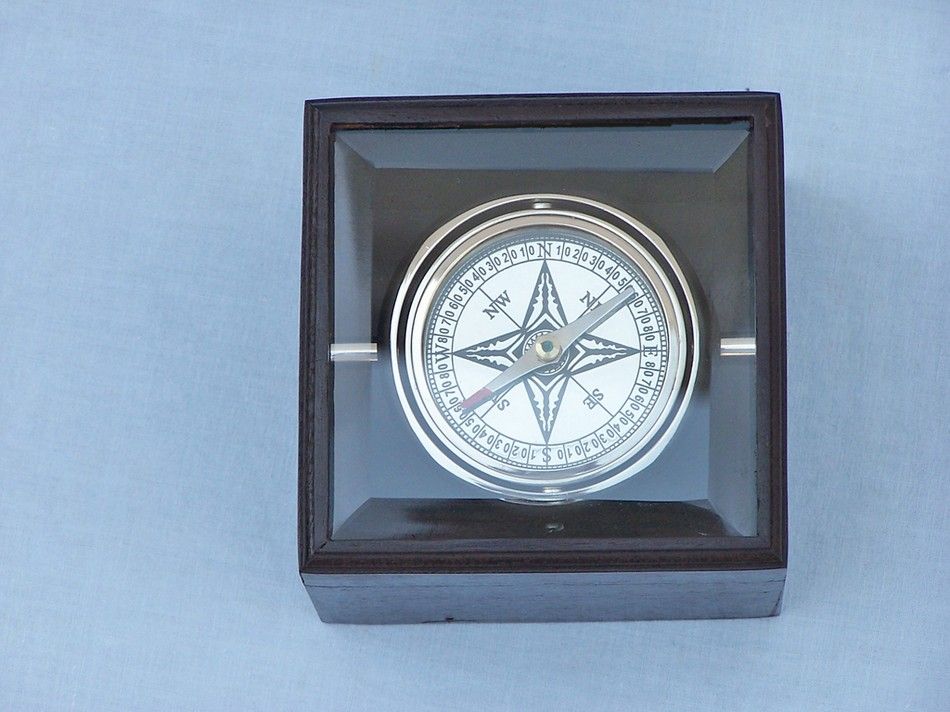 Chrome Lifeboat Compass with Black Rosewood Box 5""