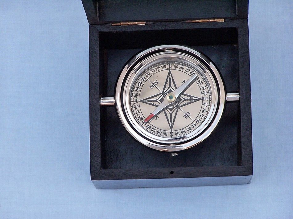 Chrome Lifeboat Compass with Black Rosewood Box 5""