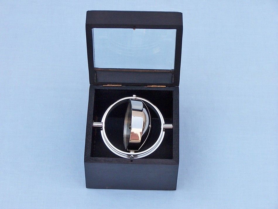 Chrome Lifeboat Compass with Black Rosewood Box 5""