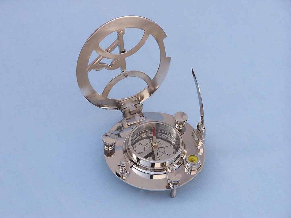 Chrome Round Sundial Compass with Black Rosewood Box 6""