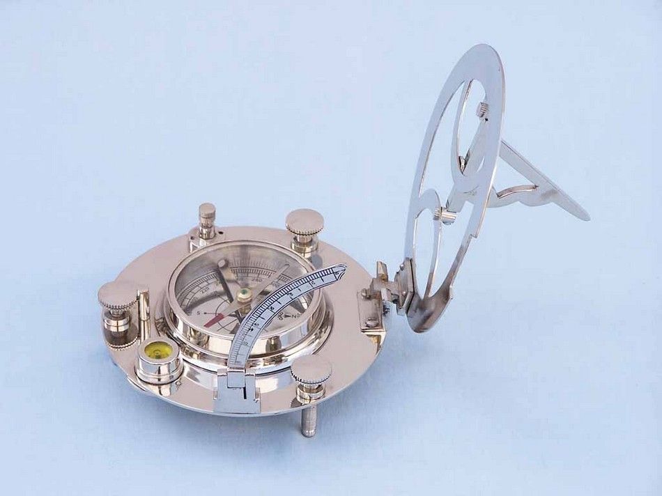 Chrome Round Sundial Compass with Black Rosewood Box 6""