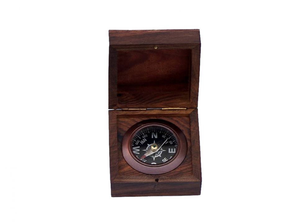 Antique Copper Black Desk Compass with Rosewood Box 3""