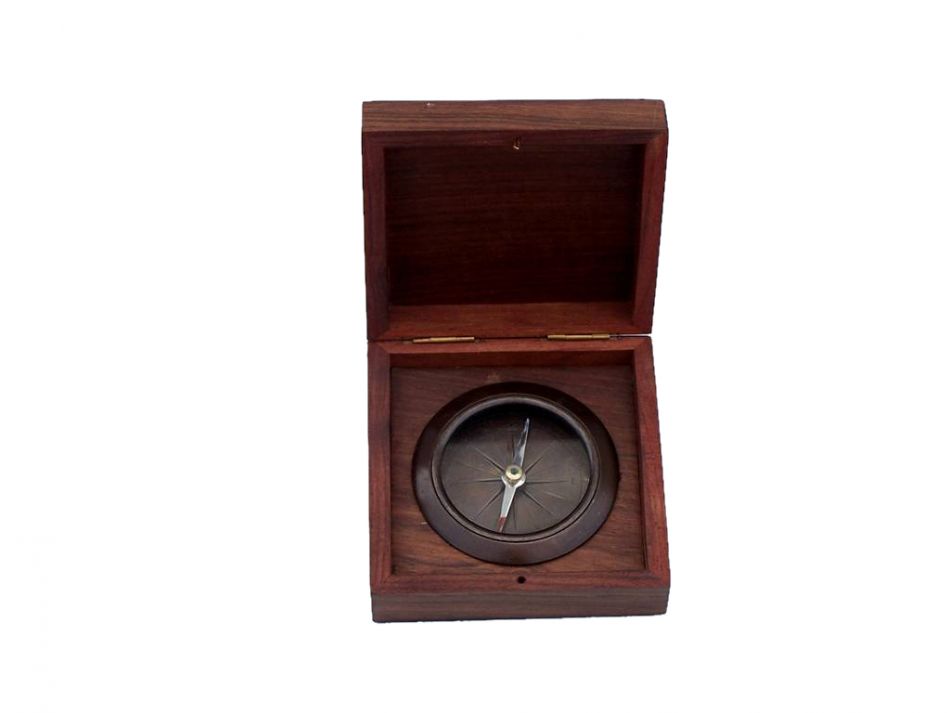 Antique Copper Captains Desk Compass with Rosewood Box 4""