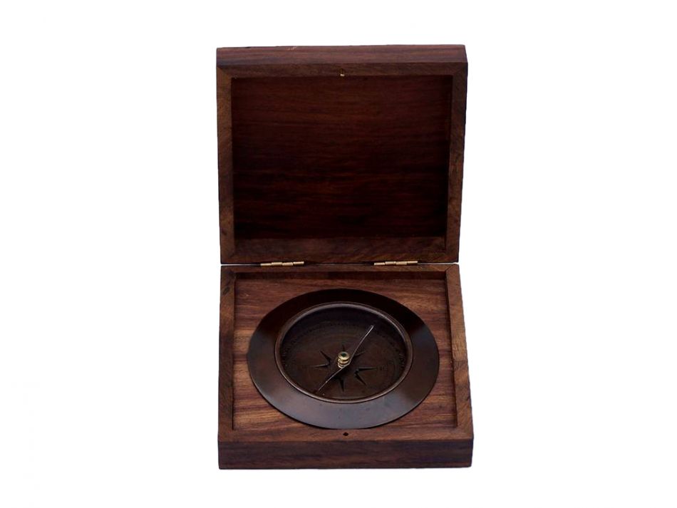 Antique Copper Admirals Desk Compass with Rosewood Box 5""