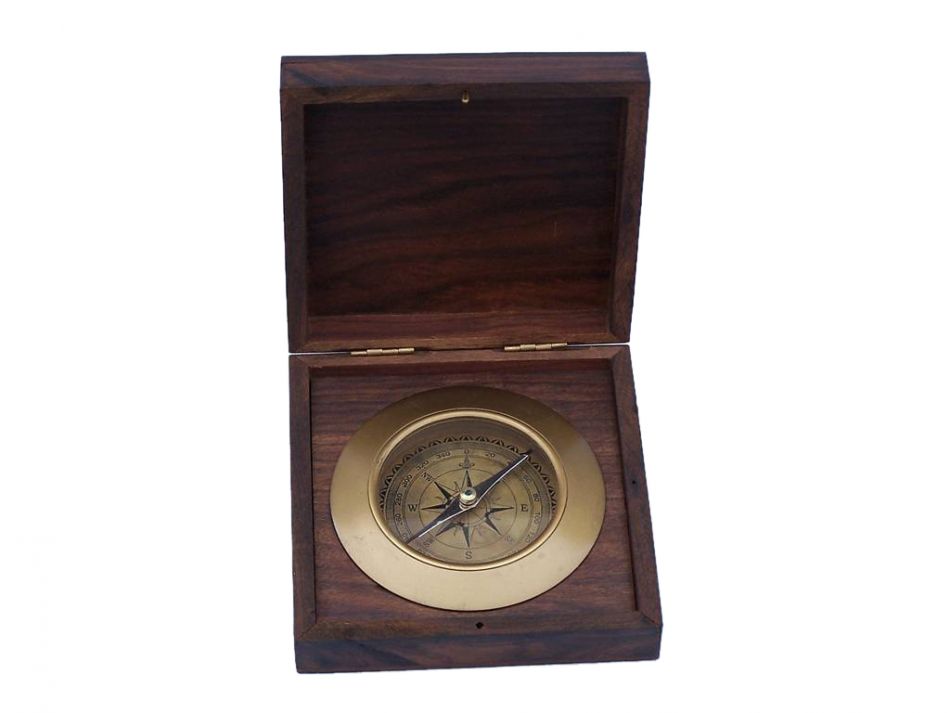 Antique Brass Admirals Desk Compass with Rosewood Box 5""