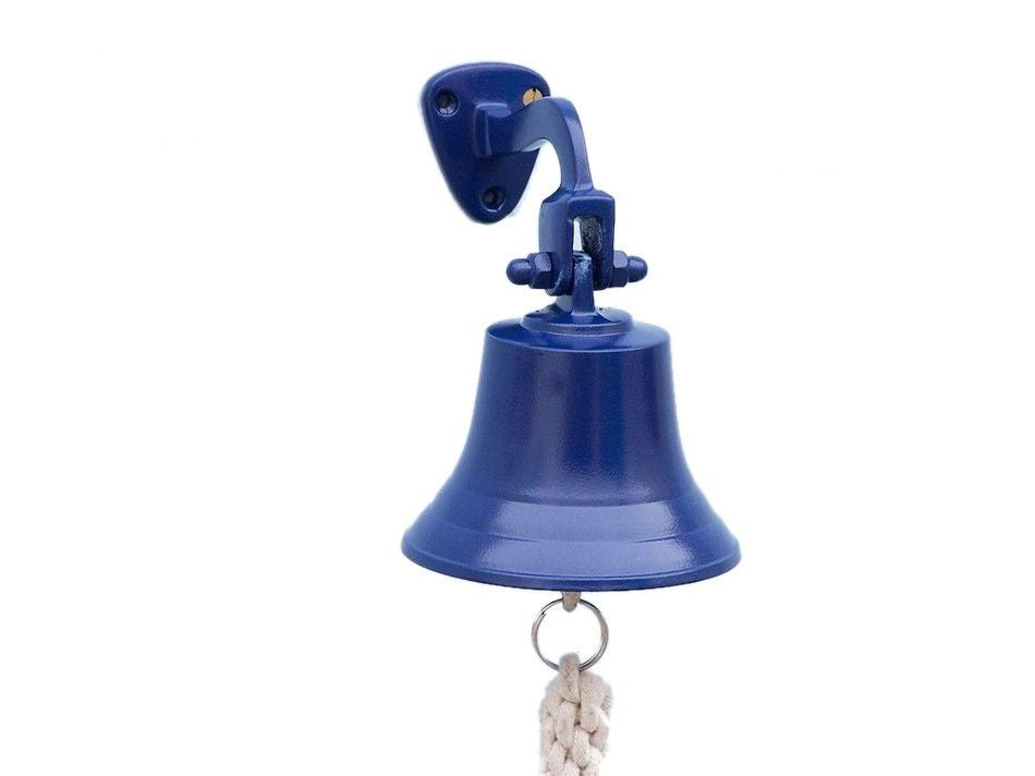 Solid Brass Hanging Ship's Bell 6"" - Blue Powder Coated