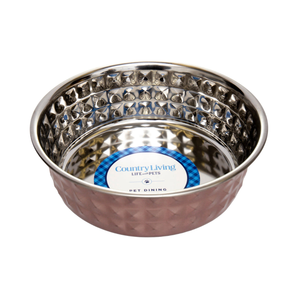 Country Living Set of 2 Hammered Stainless Steel Dog Bowls – Ideal for Extra Large Breeds – Rose Quartz/64oz