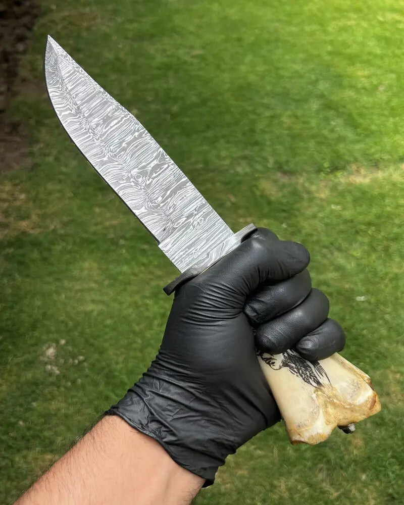 Custom Damascus Blade Knife with Tribal Carved Bone Handle & Protective Sheath - PhishStones Products